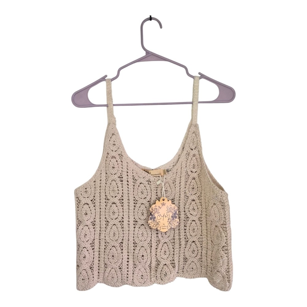 CYN Cynthia Mehra Crochet Tank Top Beige Cotton Boho Lagenlook Festival NWT